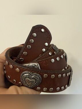 Kudos Brown Silver Tone Studded Leather Belt with Heart Conchos